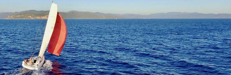 Totale auf blaues Meer mit wenig Wellengang und klarem Himmel mit der Küste am Horizont, im Vordergrund links fährt ein Segelboot mit einem roten Spinnaker vor.